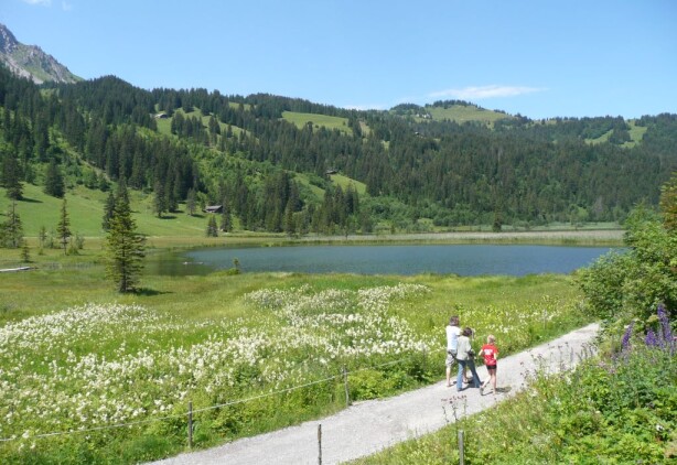Familie beim Wandern am Lauenensee in Gstaad